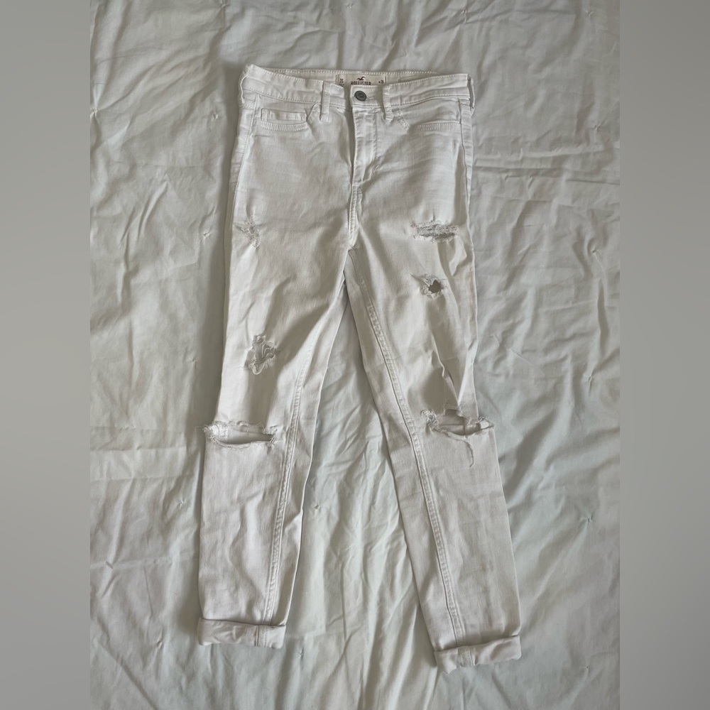 Hollister cropped white ripped jeans